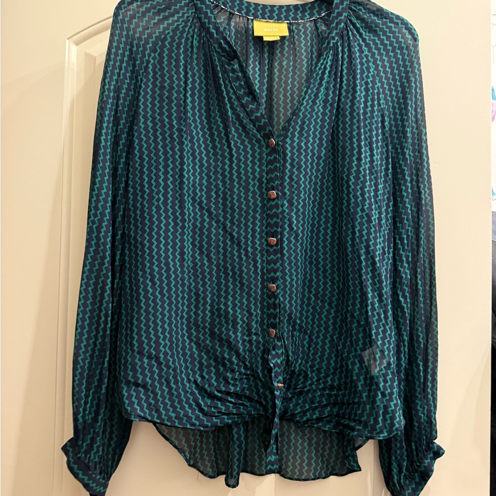 Women’s Maeve by Anthropologie Teal and Navy Blue Button-Up Blouse